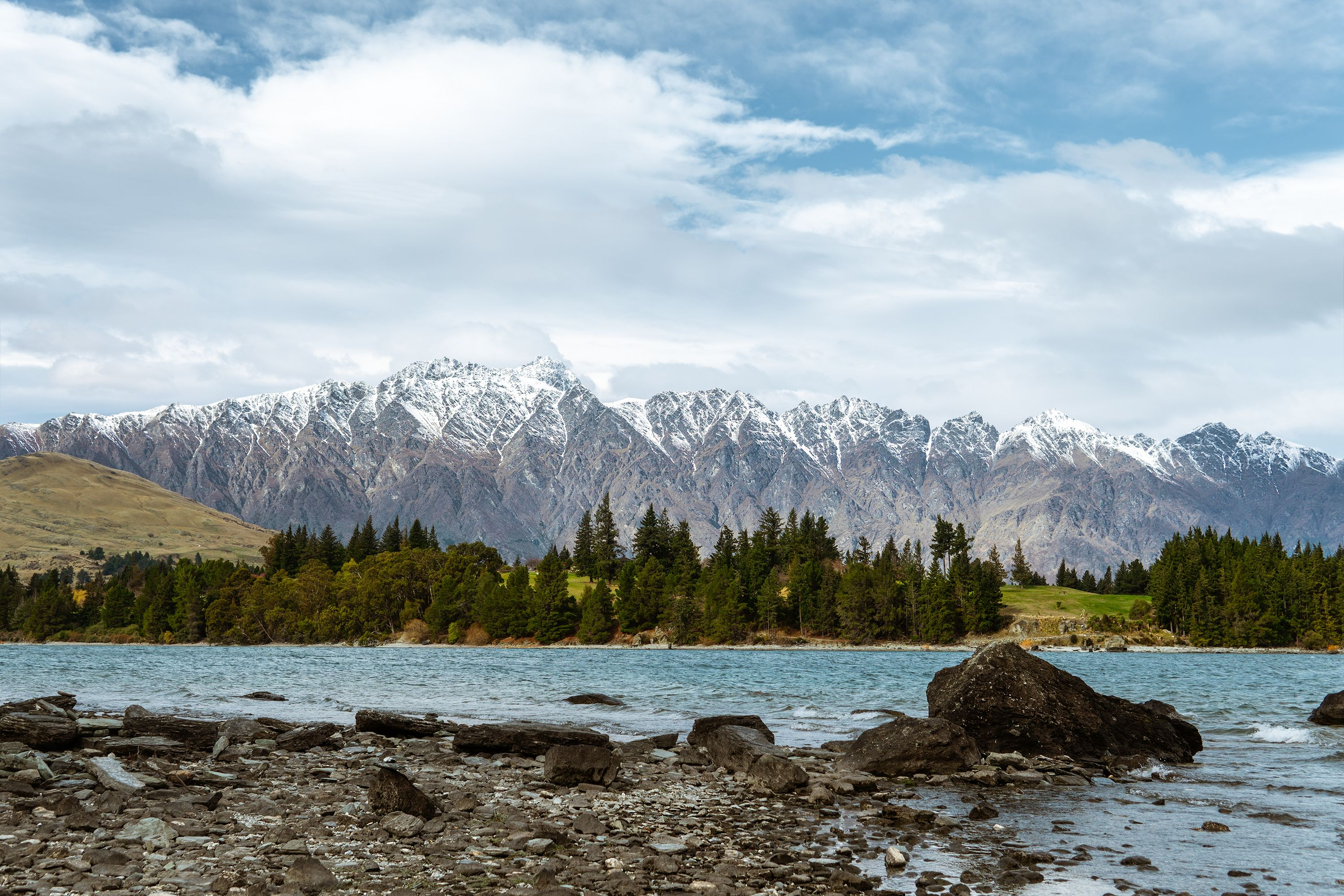 Snow-capped mountains rising above a lake and pine forest in New Zealand.