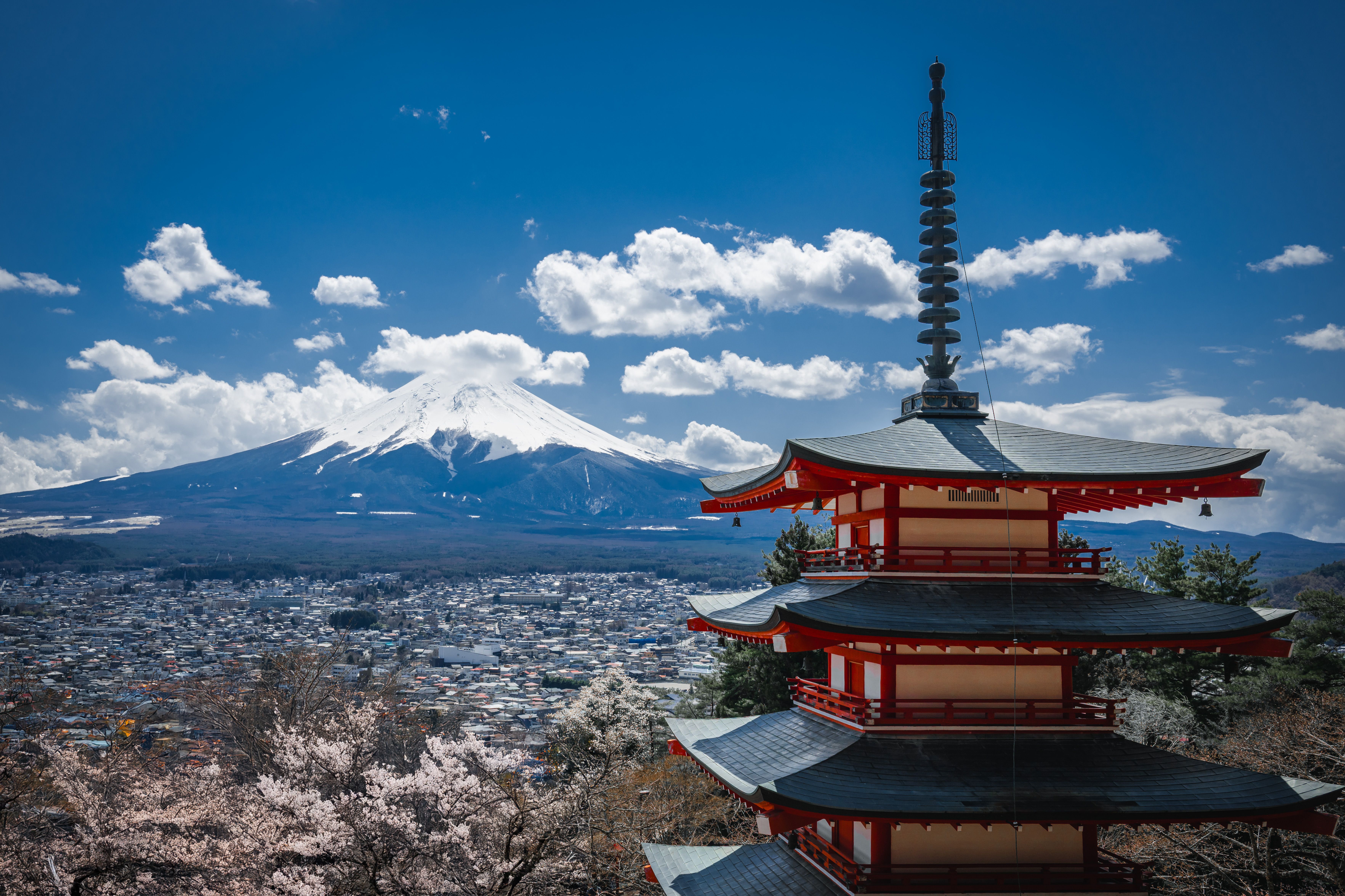 Mount Fuji and a red pagoda overlooking a town framed by cherry blossoms.